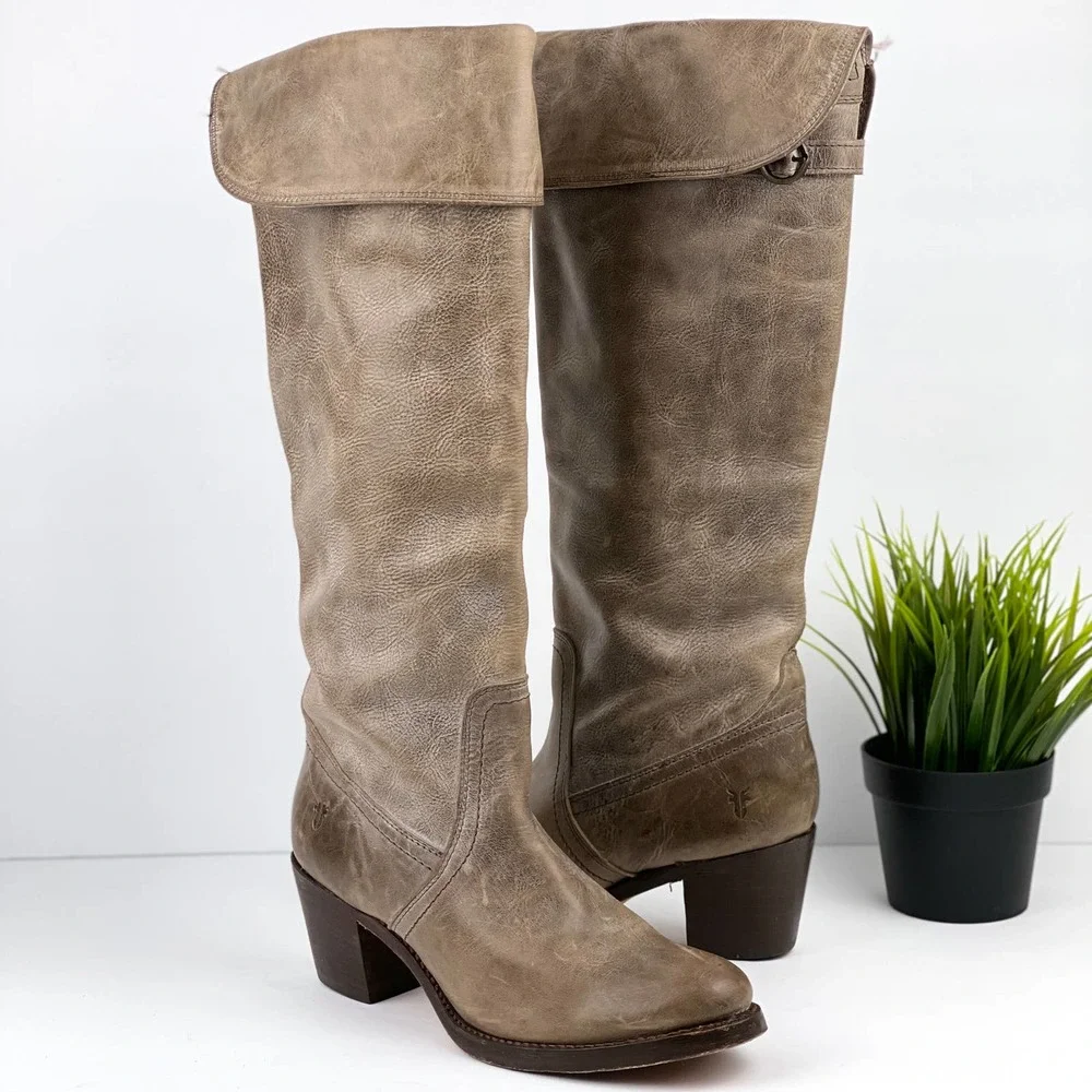 FRYE Jane Tall Cuffed Leather Boot 7.5 Taupe Brown Gray - Picture 1 of 14